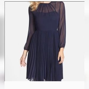 Eliza J Navy Pleated Chiffon Fit and Flare Dress Size 14